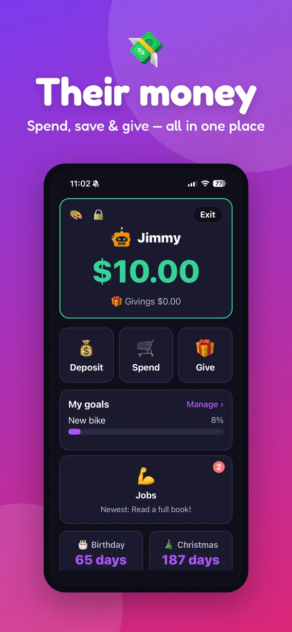 Kid dashboard — spend, save and give in one place